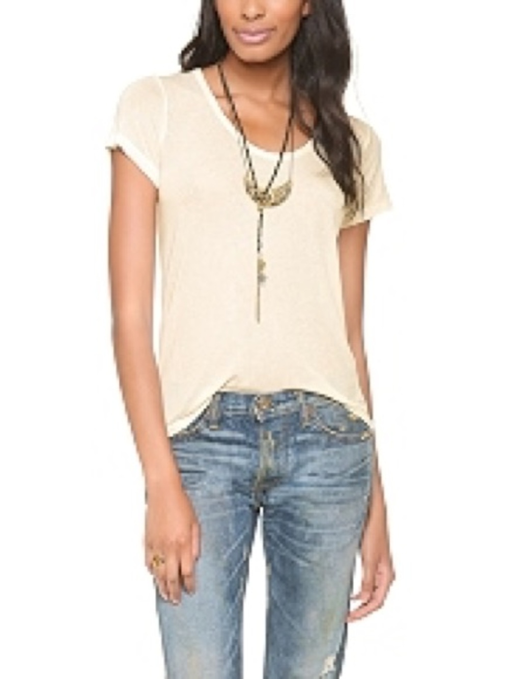Splendid Cream Short Sleeve Sheer Scoop Neck Tee (high low style)
